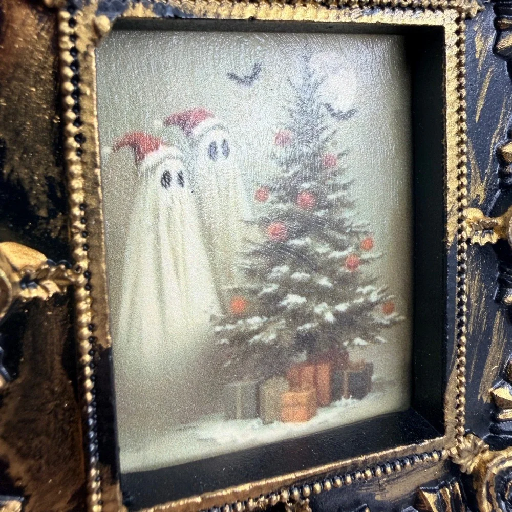Christmas Ghost Art Print Ornate Gold Black Resin Frame Gothic Holiday Decor